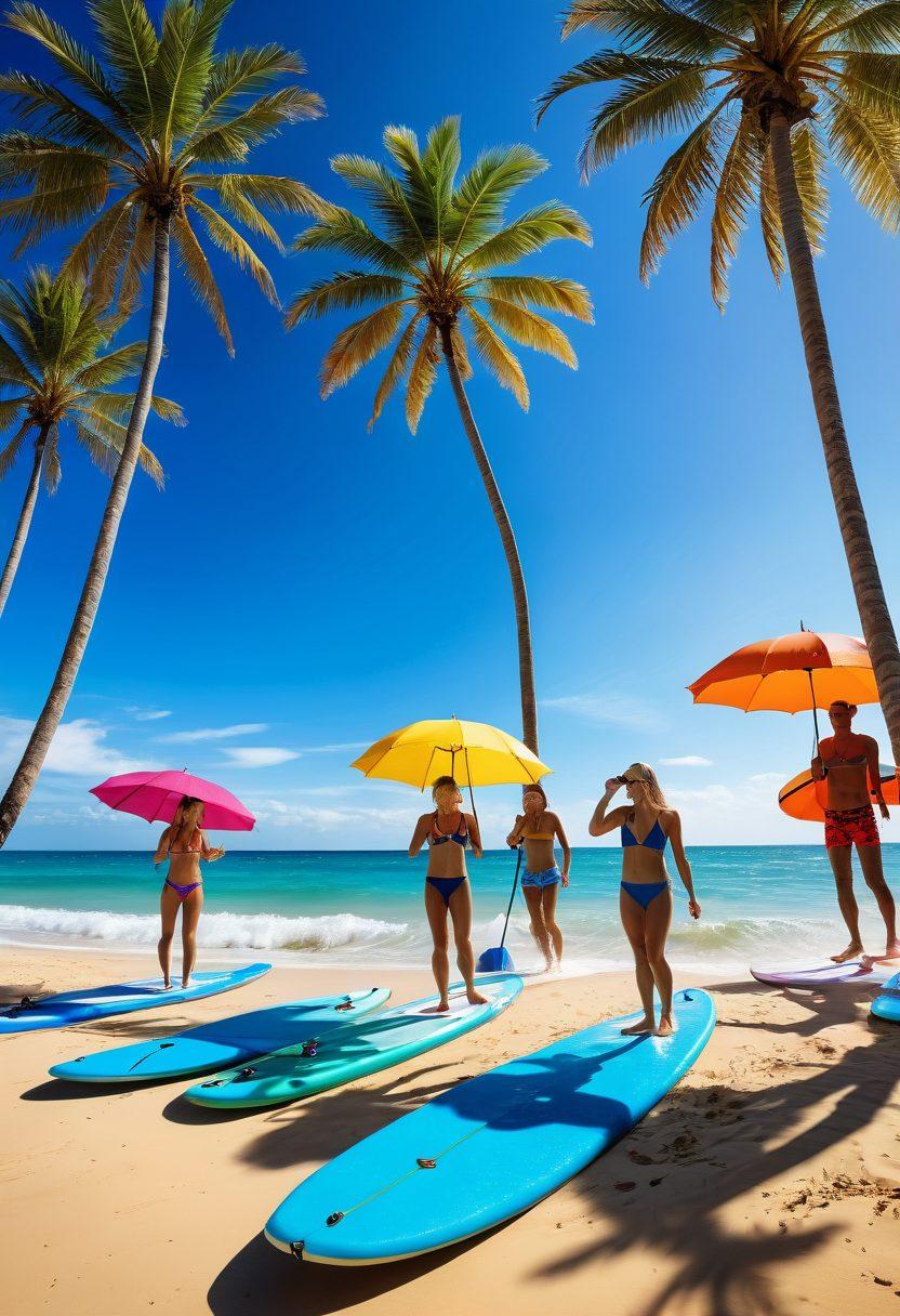 A vibrant beach scene featuring a diverse group of confident individuals enjoying water sports in colorful swimwear, with sunbathers lounging under bright umbrellas. Include splashes of water from surfing and paddleboarding, showcasing dynamic movement and energy. The setting should have a clear blue sky and golden sand, evoking a sense of fun and freedom. Illustrate tropical palm trees swaying in the background, enhancing the summer vibe. super-realistic. vibrant colors. sunny atmosphere.
